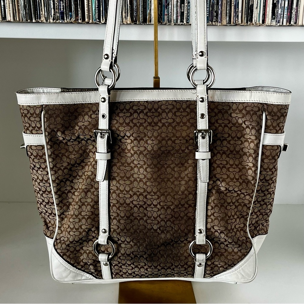 Coach Signature Gallery Tote F11526 Khaki Jacquard White Leather Trim Y2K - Picture 5 of 15